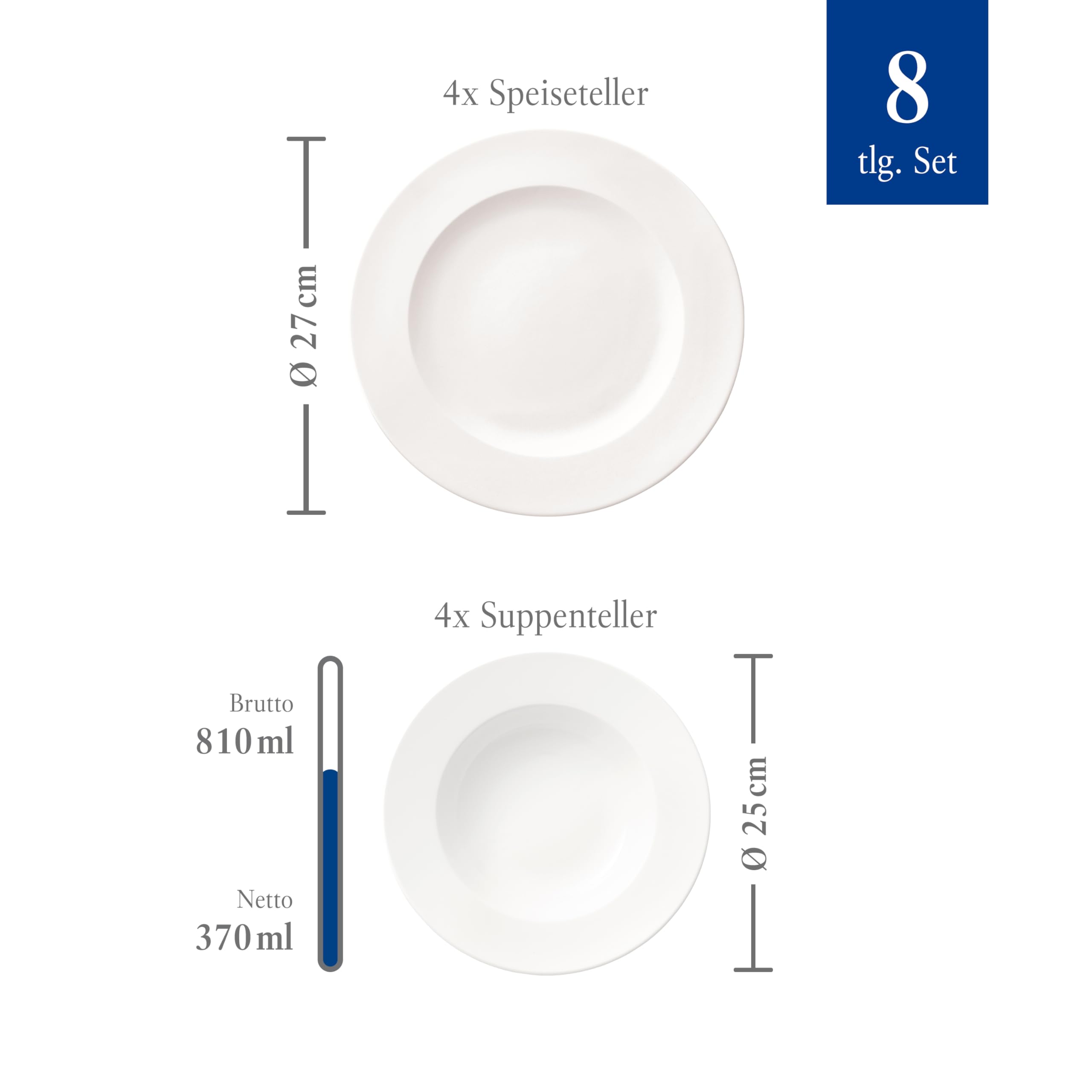Villeroy & Boch - For Me Dinner Set 8 teilig Weiß, Spülmaschinenfest, Mikrowellensicher, mit Speisetellern und Suppentellern, Geschirr, Geschirrset, Teller Set, Service, Premium Porzellan