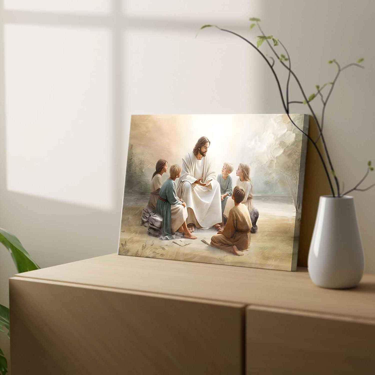 SUAXTCCR Jesus With Children Canvas Wall Art Jesus Teaching Children Watercolor Prints Religious Faith Wall Decor Pictures for Kids Room Bedroom Church Decorations, 16x24in