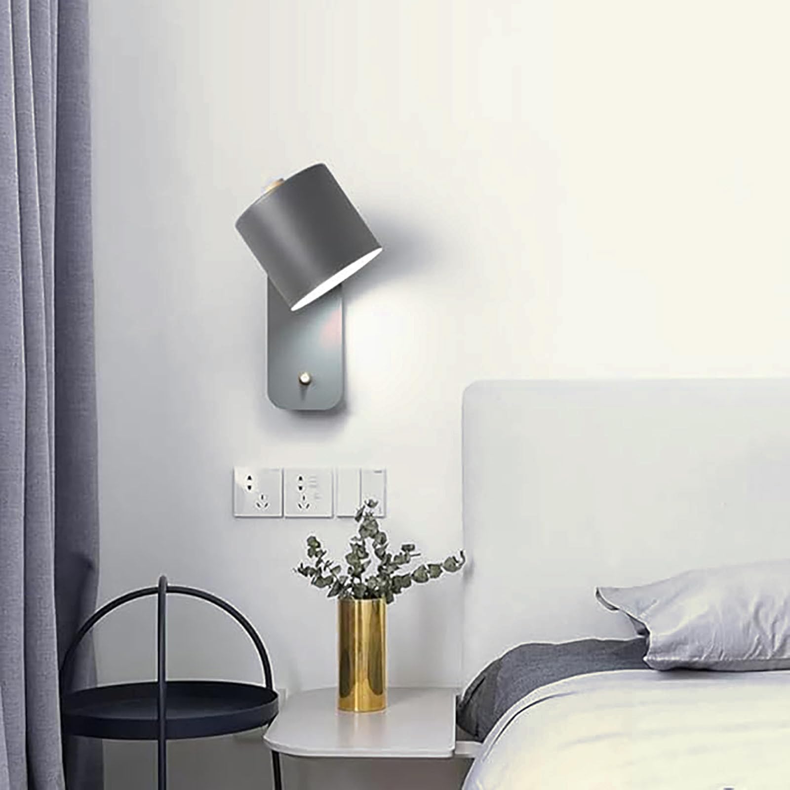 SXWNBIFH wall lamp LED Wall Mounted Lights Rotatable 180° Metal Wall Sconces with Button Switch Wall Lamp Modern Wall Lighting Hardwired E27 Bulb Base for Bedroom Reading Study Bedside (Grey,Neutral