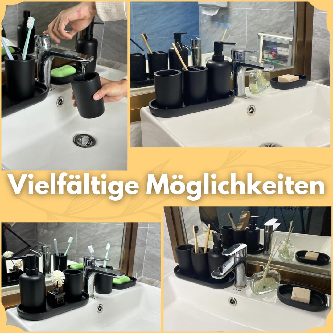 Badezimmer Set 5-teilig | Badezimmer Organizer | Bad Accessoires | Seifenspender Set aus Harz | Zahnputzbecher | Seifenhalter | Becher | Schale | Schwarz