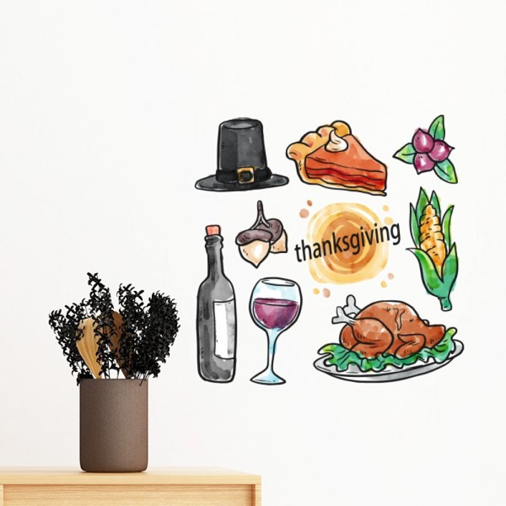 Sticker mural amovible Thanksgiving motif aquarelle DIYthinker 70cm