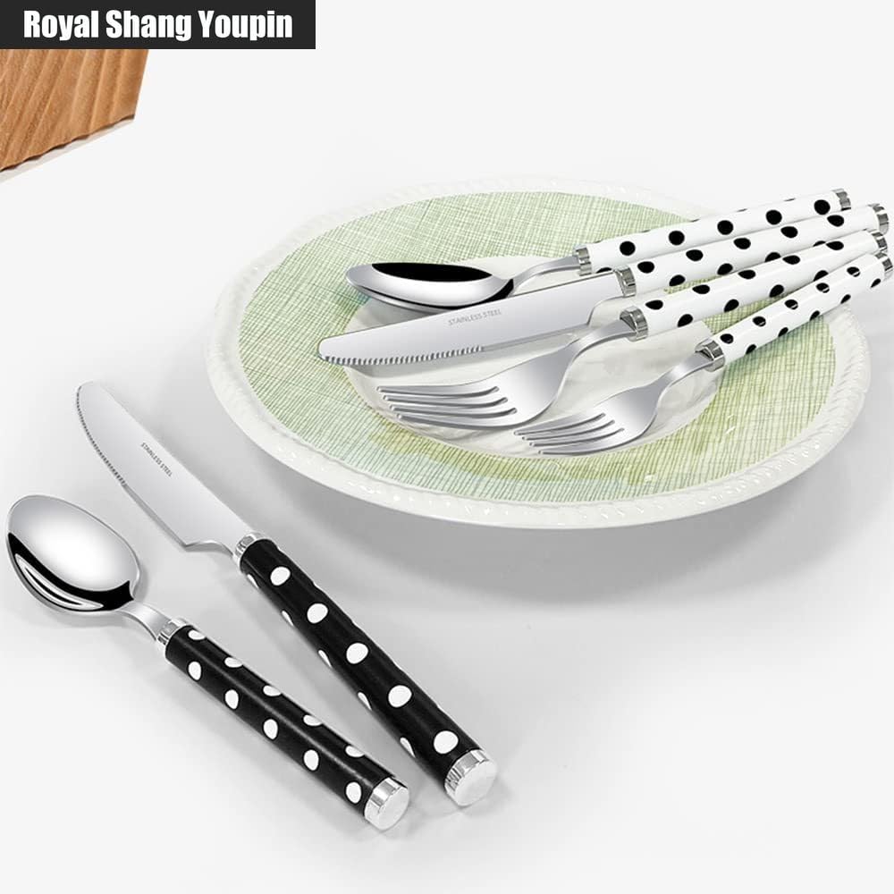 ABS Thickened Spotted Handle Kitchen Stainless Steel Silverware Tableware Flatware Cutlery Set Steak Knife Fork Spoon Teaspoon (White,20 pieces)