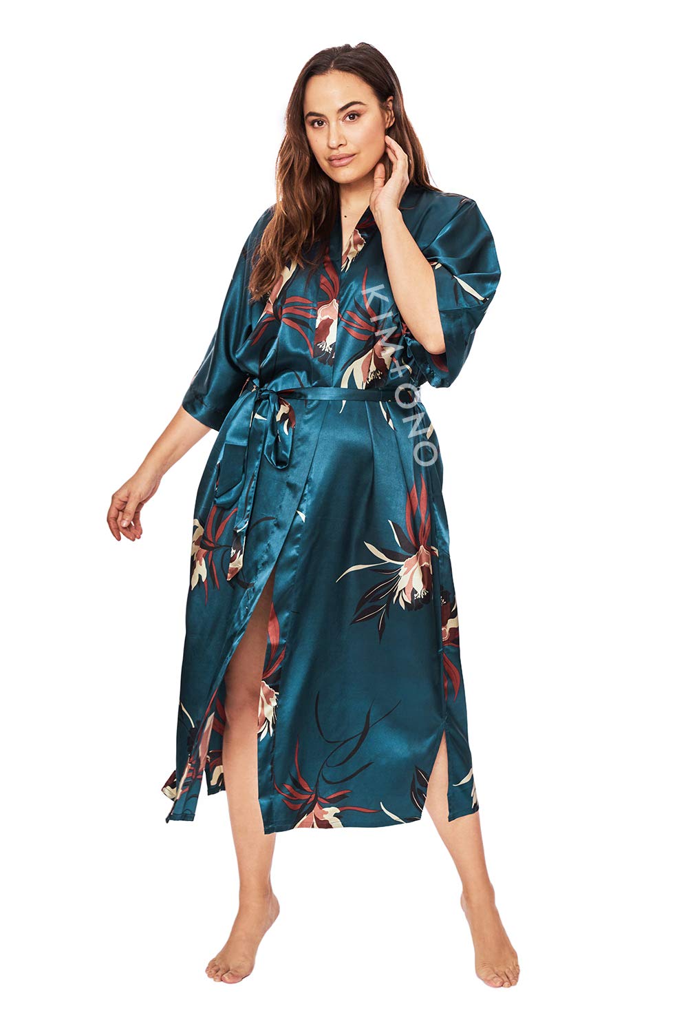KIM+ONOPlus Size Women's Satin Kimono Robe Long - Floral, Hana - Black