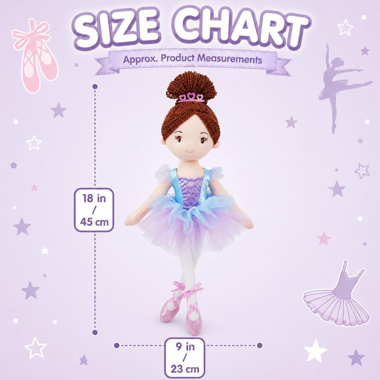 June Garden 16” Ballerina Doll Bella – Soft Plush Dance Recital Gift for Girls – Stuffed Ballet Doll with Purple Tutu and Tiara – Perfect for Toddlers and Little Dancers
