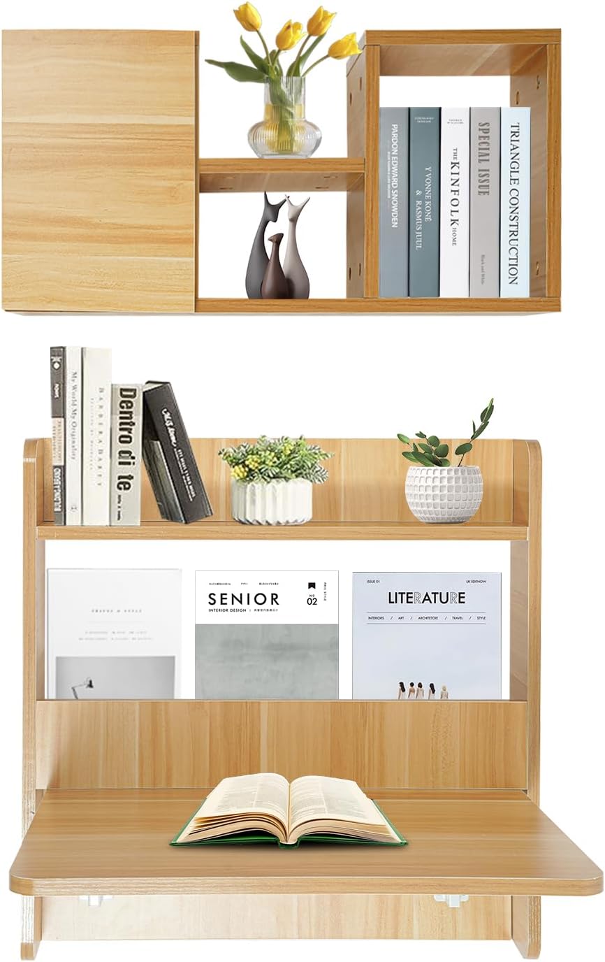Floating Desk, Wall Mounted Desk Fold Down Laptop Desk Folding Space Saving Table Workstation with Storage Shelves for Bedroom Study Room Small Space Study Rooms(Light Walnut Color)