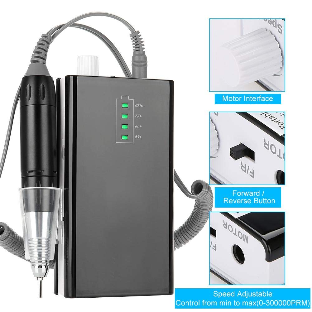 Nail Drill Machine, 30000 RPM Nail File Drill Machine Portable Rechargeable Electric Manicure Pedicure Tool with Sanding Bits Kit for Grinding Polishing Buffer and Smooth Nails, Black