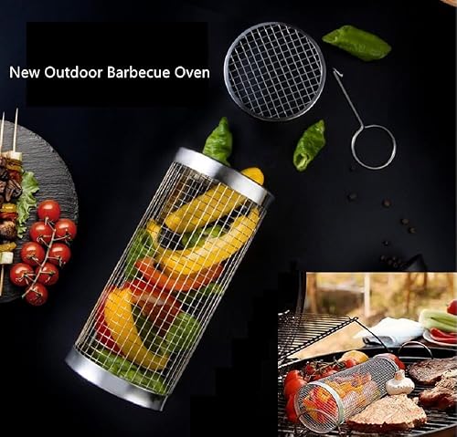 Miniatura 6 de 2 cestas enrollables para parrilla al aire libre, tubo de red de barbacoa, acero inoxidable, gran rotación de malla redonda, jaula cilíndrica,
