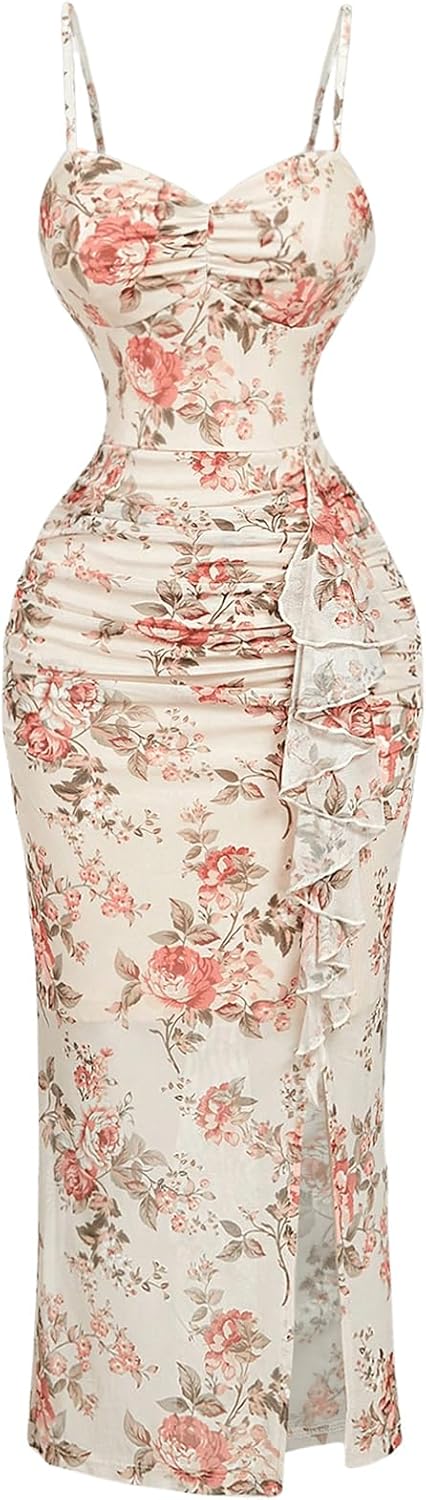 GORGLITTER Women's Mesh Floral Print Ruffle Dress Slit Thigh Ruched Spaghetti Strap Cami Dresses 2025 Vacation