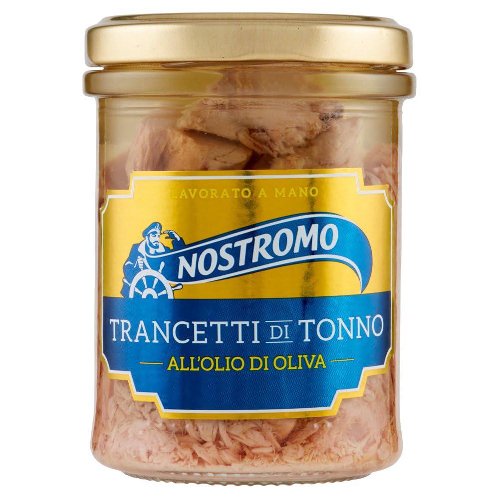 12x Nostromo Trancetti di Tonno all'Olio di Oliva,Pesce in Scatola,Barattolo Vetro da 180g + 1 Confezione di Talco Felce Azzurra in omaggio, Busta da 100g