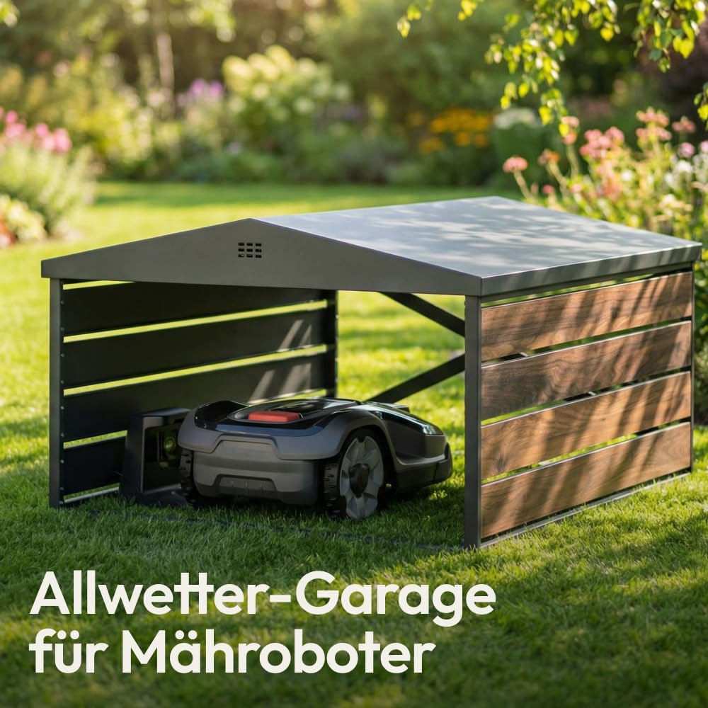 CASABEL Mähroboter-Garage aus verzinktem Stahl, Satteldach | Wetterschutz, robuster verzinkter Stahl, Satteldach, universeller Unterstand, Holzoptik, einfache Montage
