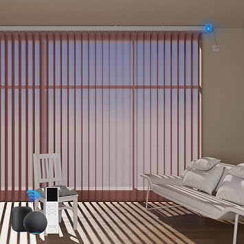 Motorized Sheer Vertical Blinds Compatible with Alexa Google Home, Light Filtering Smart Vertical Blind Sliding Door Blinds Remote Control Blinds for Sliding Glass Door Customize Brown