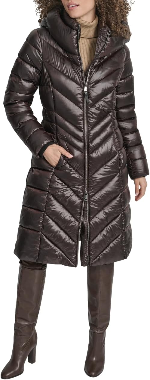 DKNY Women's Long Shiny Puffer Coat With Hood – Quilted Gloss Finish Winter Jacket