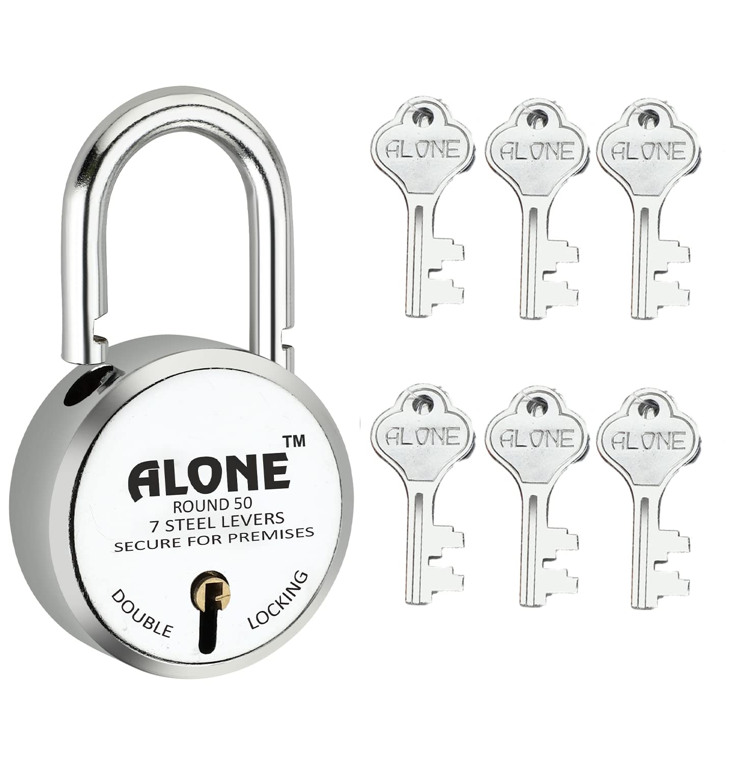 Alone Padlocks Small Size 50mm 6 Keys Lock | Hard Shackle Double Locking | Lock and Keys for Home Door Gate Shop Shutter Office, Chrome Finish Rust Resistance | Made in India (Pack of 01)