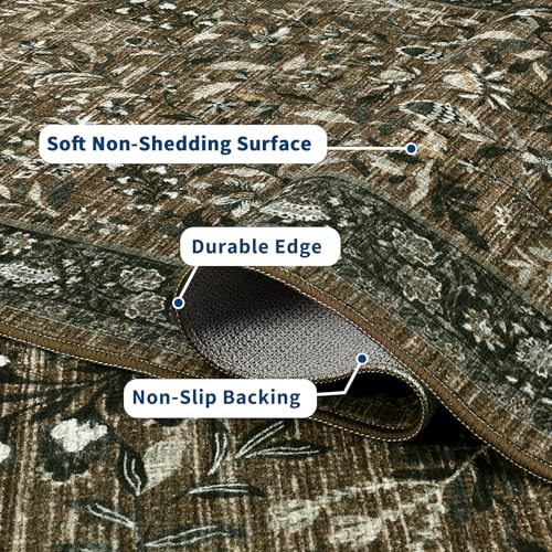 GarveeHome Large Area Rugs 8x10 Brown Washable Rugs for Living Room Soft Non Slip Bedroom Rug Botanical Floral Vintage Low Pile Carpet Non Slip Ultra Thin Floor Carpet for Dining Room Nursery Office