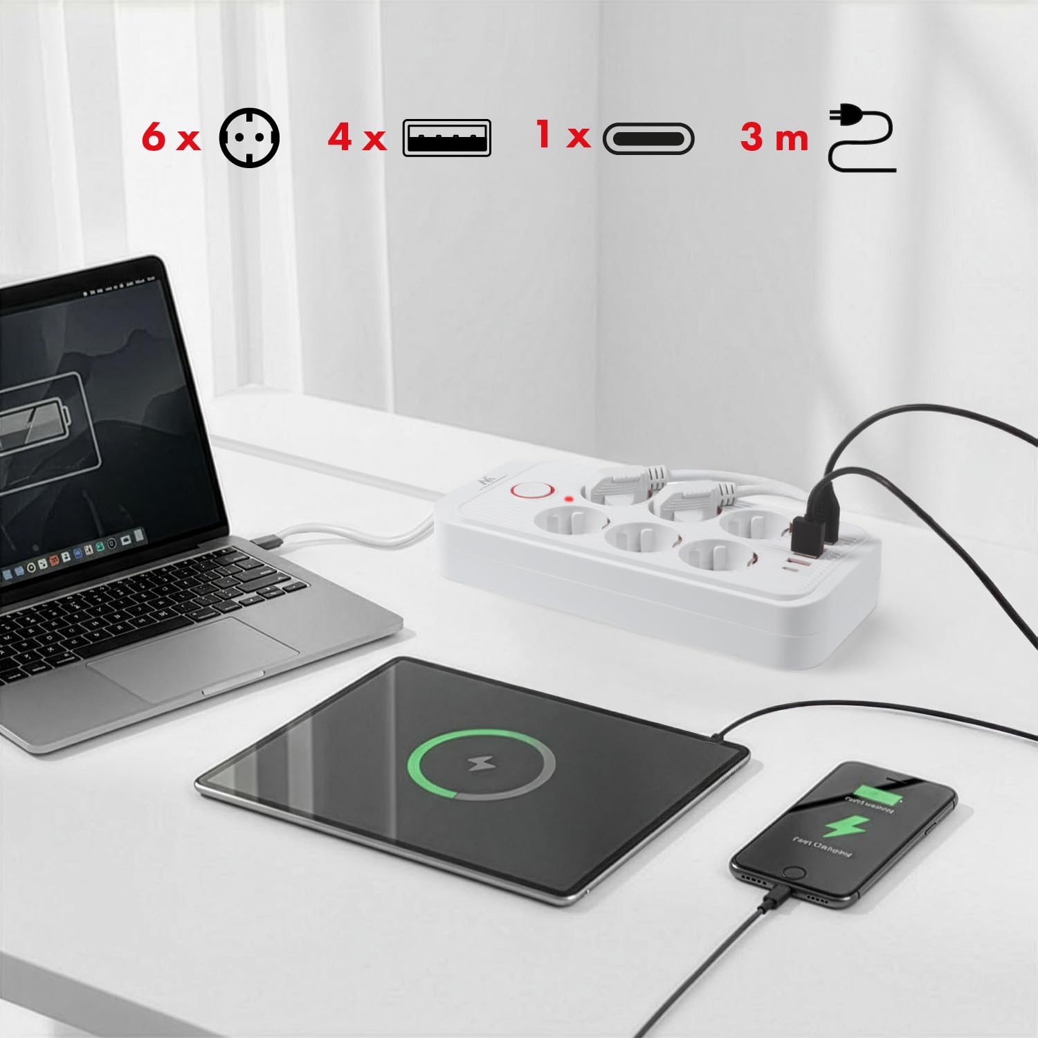 Maclean MCE389/391 Listwa zasilająca | 6 gniazdek 4xUSB 1xUSB-C 2500 W | przedłużacz biurkowy z wyłącznikiem | porty pod kątem 45° | montaż na ścianie (Biały, 6 gniazd + 4xUSB / 3m)