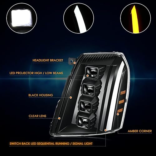 Miniatura 3 de Switchback - Conjunto de faros delanteros LED de proyector cuadrado cuádruple compatible con Cadillac EscaladeESVEXT 07-14, negroámbar