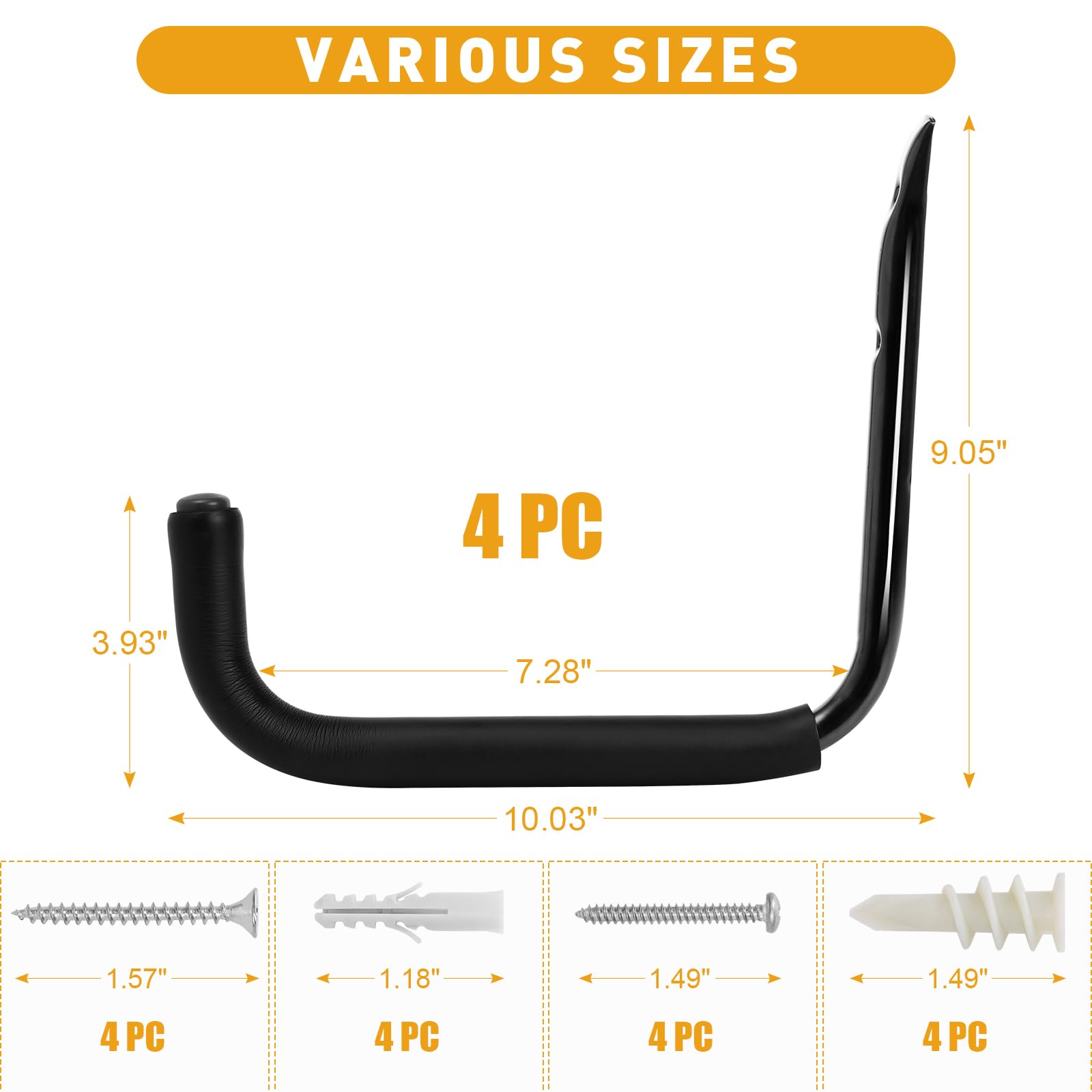 KURUI Ganchos de pared para organización de garaje de 10 pulgadas, soporte de manguera de agua resistente de 66 libras para colgar escaleras, cable de extensión, cable de herramientas de jardín, 4