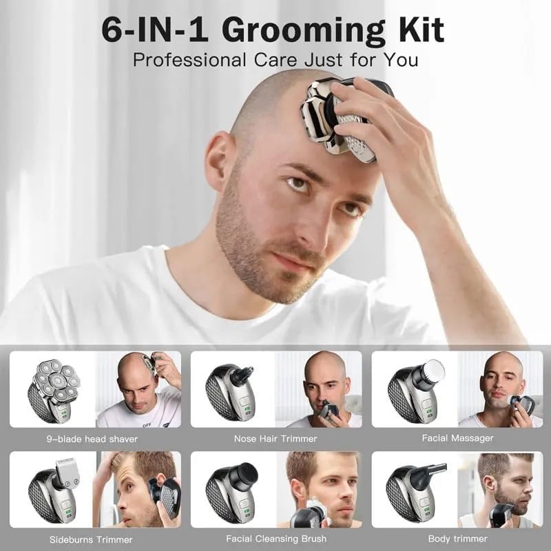 Men's 6-in-1 Bald Head Electric Shaver 9 Floating Blades Razor with Beard/Nose/Ear Hair Trimmer & Facial Brush, Rechargeable(Stand)