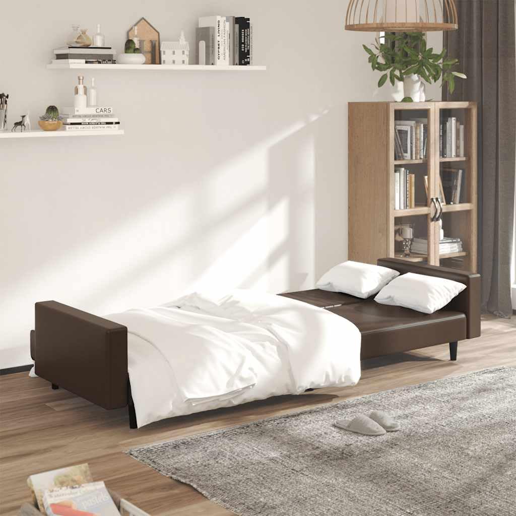 Sofá cama de 2 plazas marrón de piel sintética con espacio de almacenamiento, 220 x 84,5 x 69 cm, cómodo sofá esquinero con respaldo, ideal para salón, habitación de invitados, habitaciones