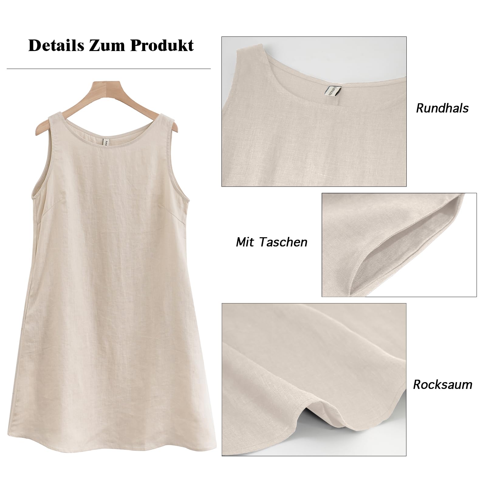 Amazhiyu Vestido de lino para mujer, sin mangas, vestido de verano, vestido de playa, vestido midi hasta la rodilla, cuello redondo, sin mangas, con bolsillos