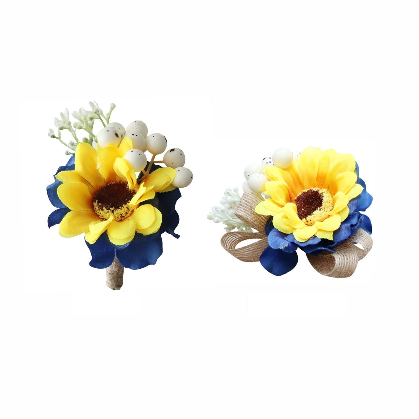 6 Bracciali Con Fiore Di Girasole Artificiale – Bouquet Da Polso Per Damigelle, Matrimonio, Ballo, Festa, Con Perle Bianche - 4