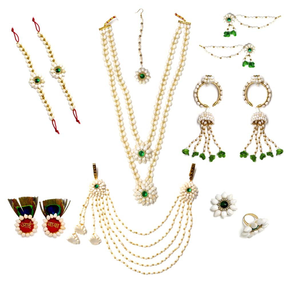 Art Jewellery beautiful Artificial real look white Mogra buds with green stone stud Mogra flower jewellery set for Beby shower.-image-17