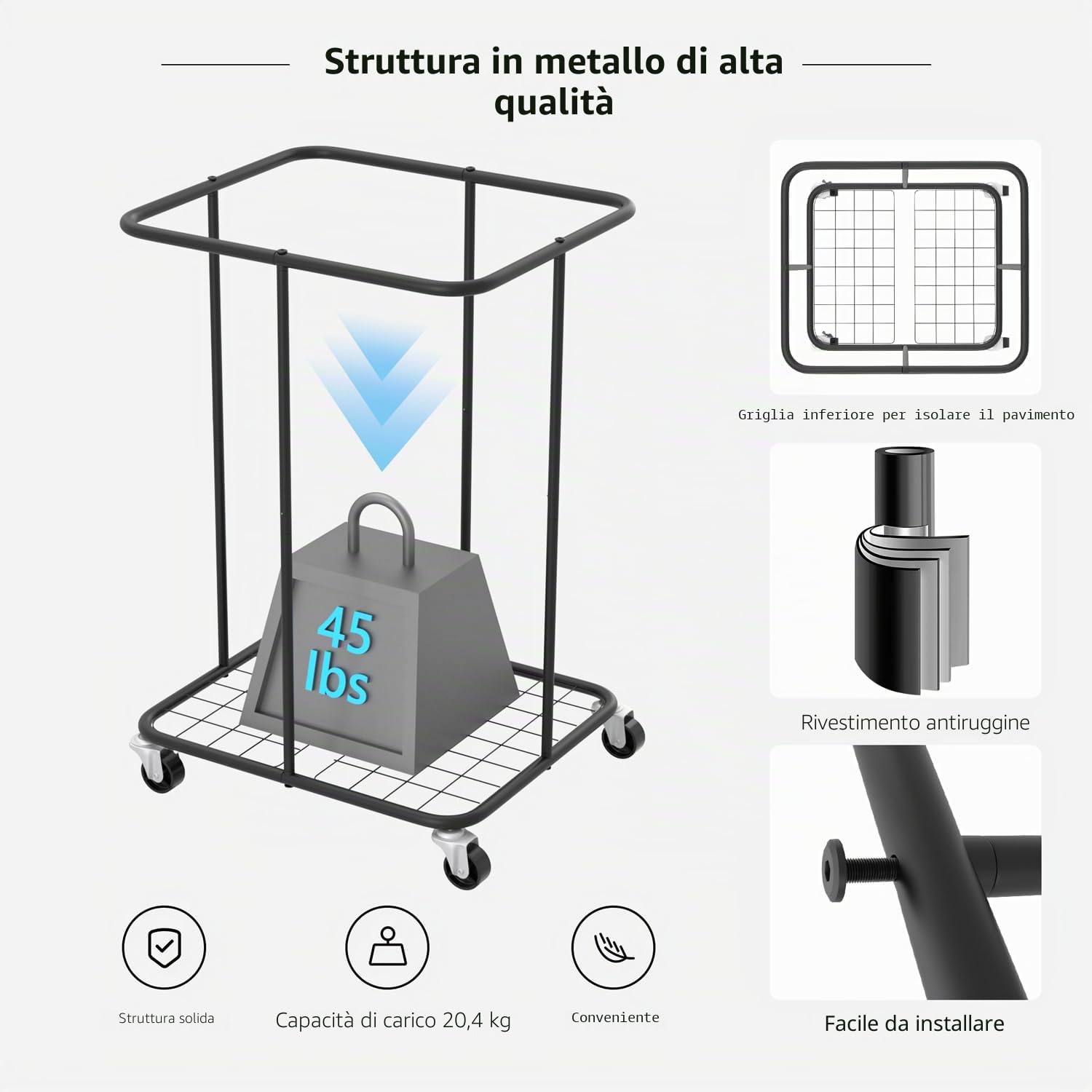 Cesti portabiancheria da 150 litri con coperchio, in tessuto Oxford, struttura in metallo e borsa rimovibile design con ruote per camera da letto, bagno, dormitorio, lavanderia (coperchio nero)