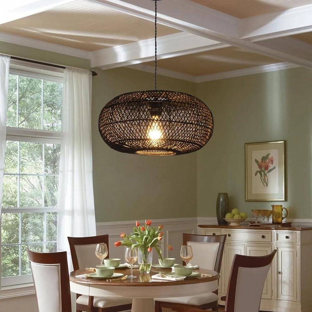 XQIDIANAA Rattan Chandelier Woven Pendant Light Fixture, Boho Coastal Wicker Hanging Ceiling Lighting for Kitchen,Large Lampshade for Living Room Bars Restaurants