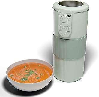 JustMe. The smallest soup maker, the biggest results. Soup maker and smoothie blender. Self cleaning. Colour: Sage green. Lightweight. Easy healthy cooking.