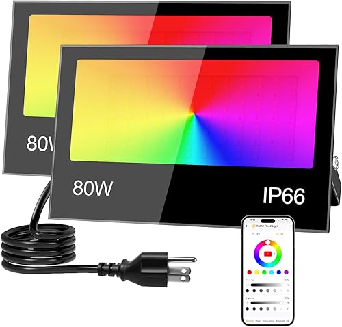 Remon Luz de inundación LED para exteriores, equivalente a 800 W, 8000 lúmenes, iluminación inteligente RGB para paisaje, con control de aplicación,