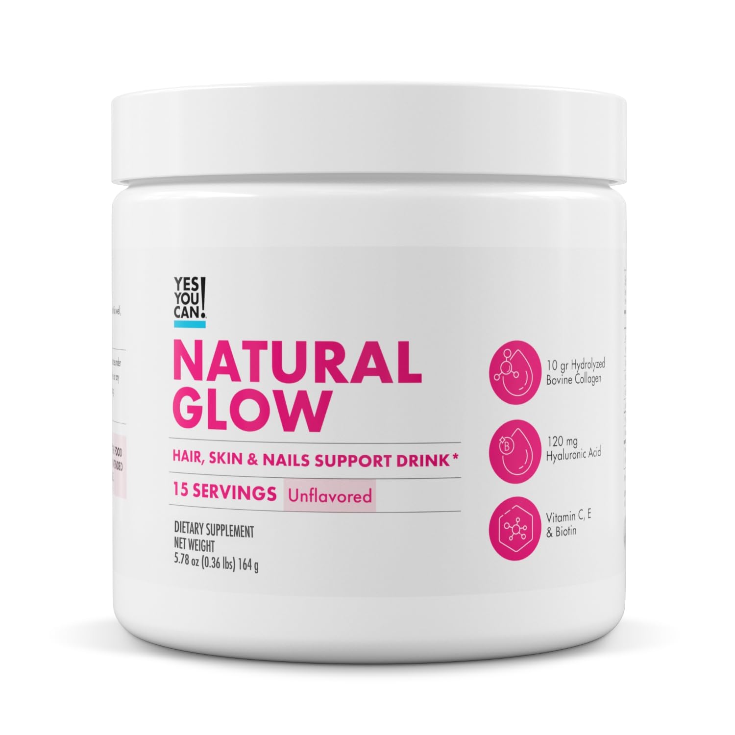 Yes You Can! Natural Glow Beauty Collagen Powder – 10g Hydrolyzed Collagen with Biotin, Hyaluronic Acid, Vitamins C & E – Skin, Hair & Nail Support – 15 Servings (Unflavored)