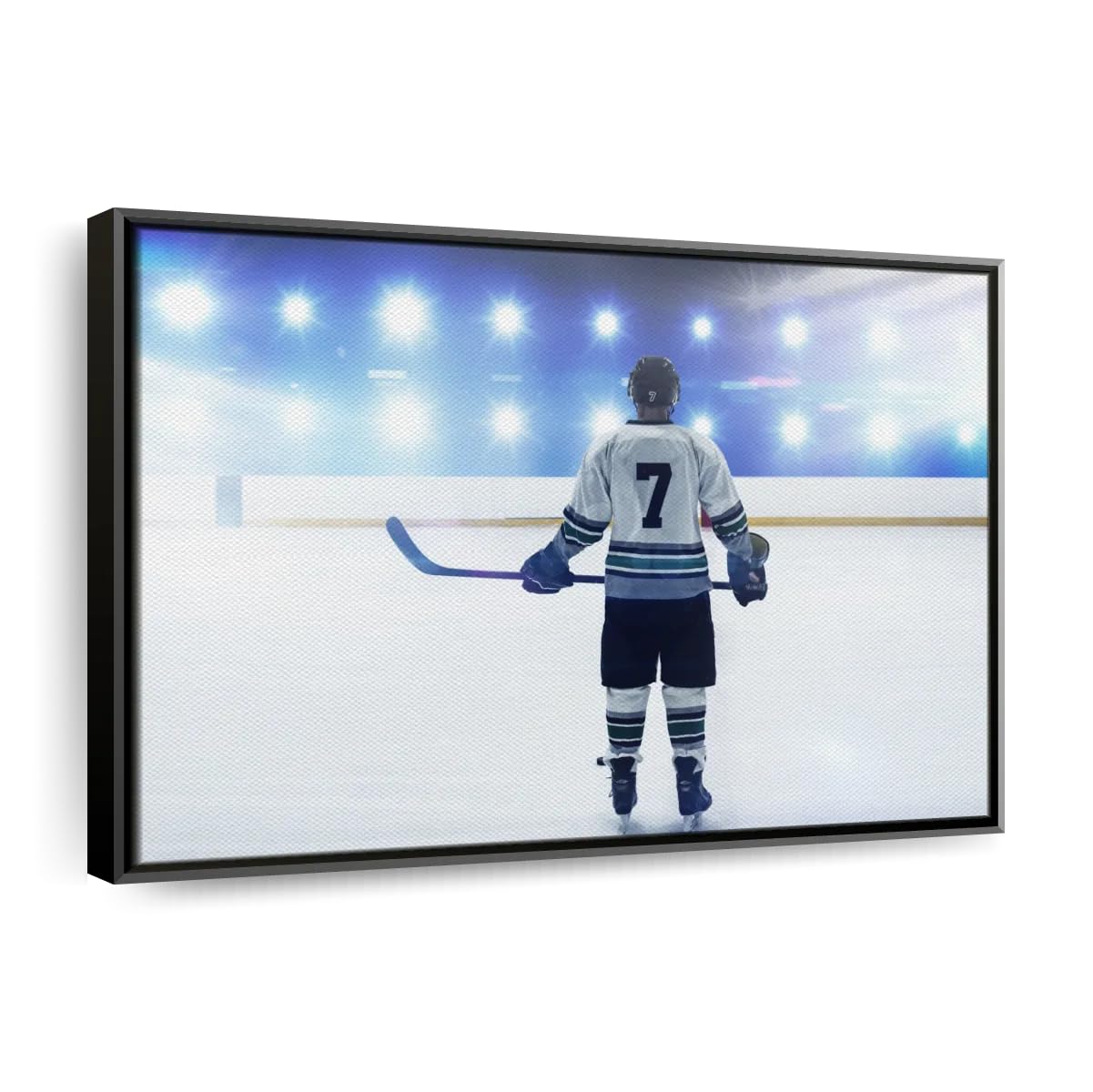 ElephantStock Hockey Player Wall Art - Horizontal Floating Framed Canvas - 1-Piece Living Room Wall Decor - Photography Sports Print - White and Blue Decor for Wall - 43" X 29"