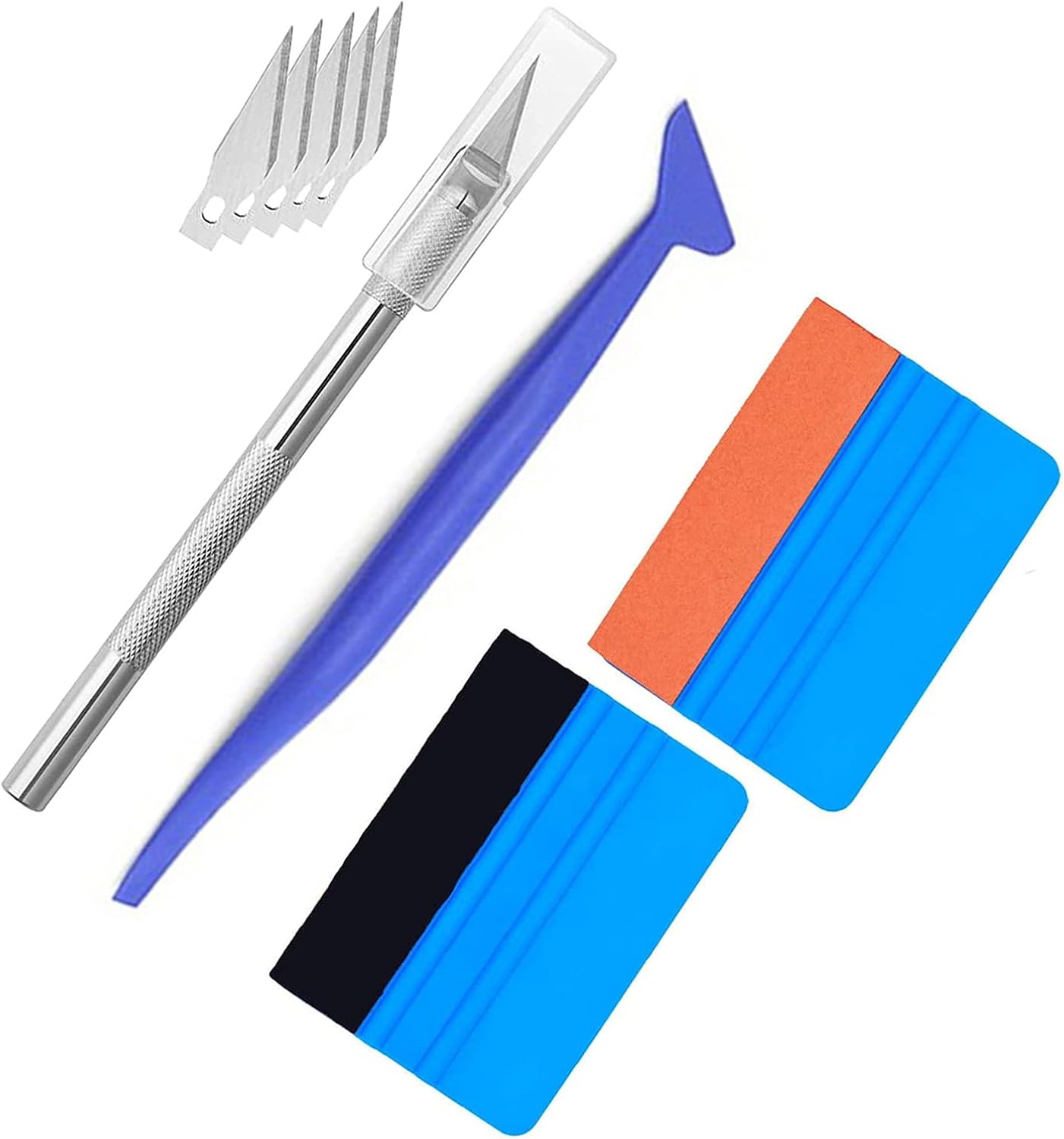 LIKENNY カーラッピングフィルム貼り付け工具キット シール施工 気泡なし傷なし スクレーパー ステッカー 万能 貼付補助ツール 5点セット(1個カーボンシートはりフェルトスキージーヘラ+1個スモークフィルムはりスエードスキージー+1本柔らかいラップスティックスクイージー+1個切り絵カッター+5枚替刃) LIKENNY カーラッピングフィルム貼り付け工具キット シール施工 気泡なし傷なし スクレーパー ステッカー 万...