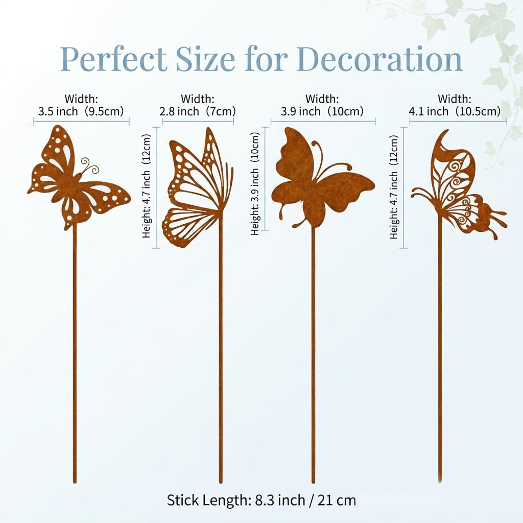 Juego de 4 estacas de jardín de mariposas, decoración de jardín para uso al aire libre, resistente a la intemperie, decoración de estaca de flores, primavera, verano, decoración de balcón