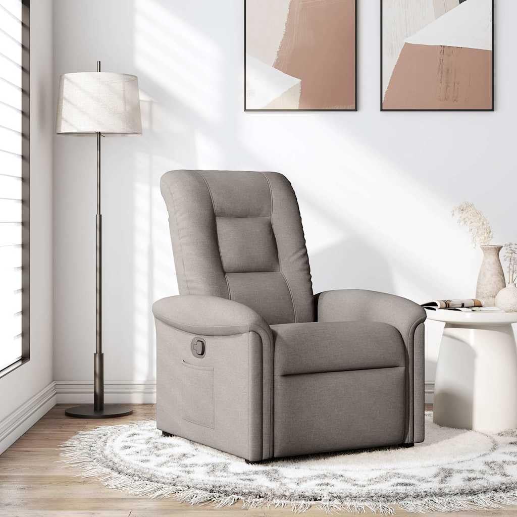 Relaxsessel Taupe Stoff, verstellbar bis 135 Grad, mit Armlehne und Rückenlehne, Holz Metall Gestell, gepolstert für Wohnzimmer Büro Gästeecke, 77 x 91,5 x 96 cm