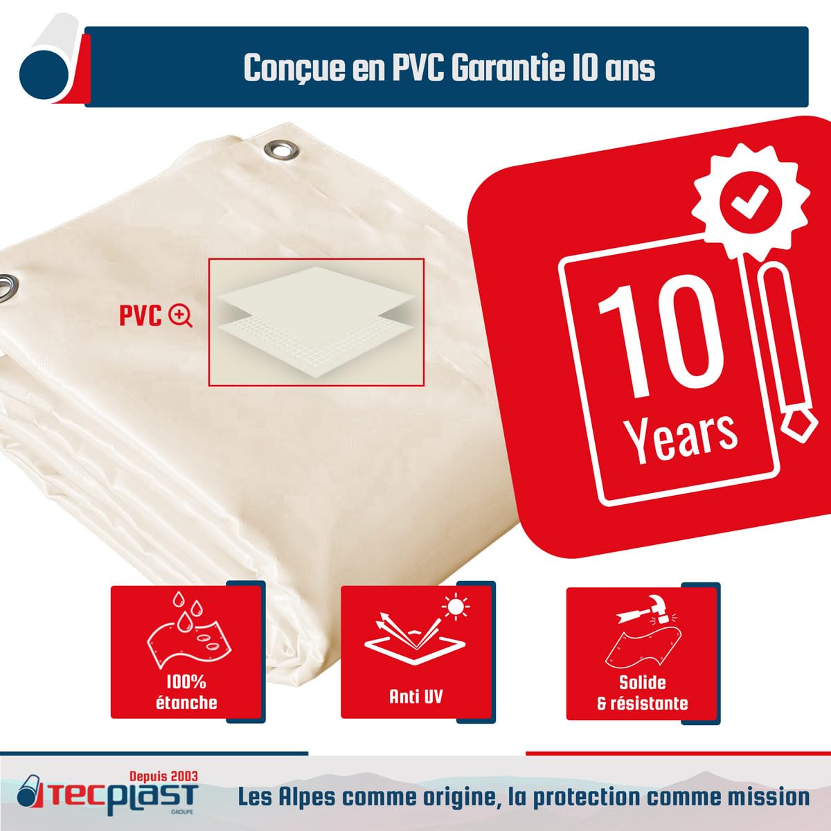 TECPLAST Toile Pergola Ivoire 3x4 m XP640PR - Garantie 10 Ans - Bâche Pergola ou Tonnelle étanche en PVC - Made in France