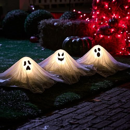 Miniatura 5 de JOYIN Decoraciones de Halloween al aire libre, estacas de jardín de fantasma blanco con diseño iluminado (3 paquetes), fantasma de tela para la