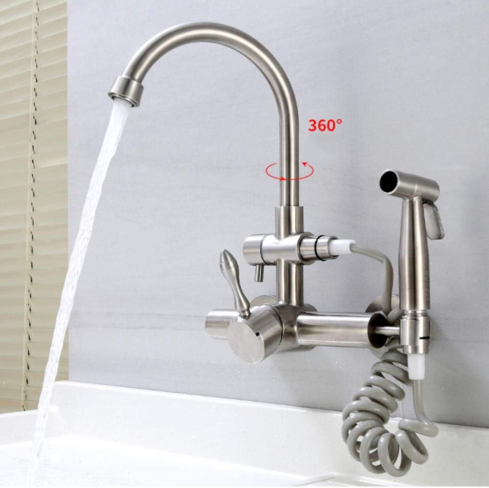 304 Stainless Steel, Wall Mount Kitchen faucets, hot and Cold, Sink Balcony Laundry Pool, Multi-Function, Spray Gun, Swivel Faucet-A1