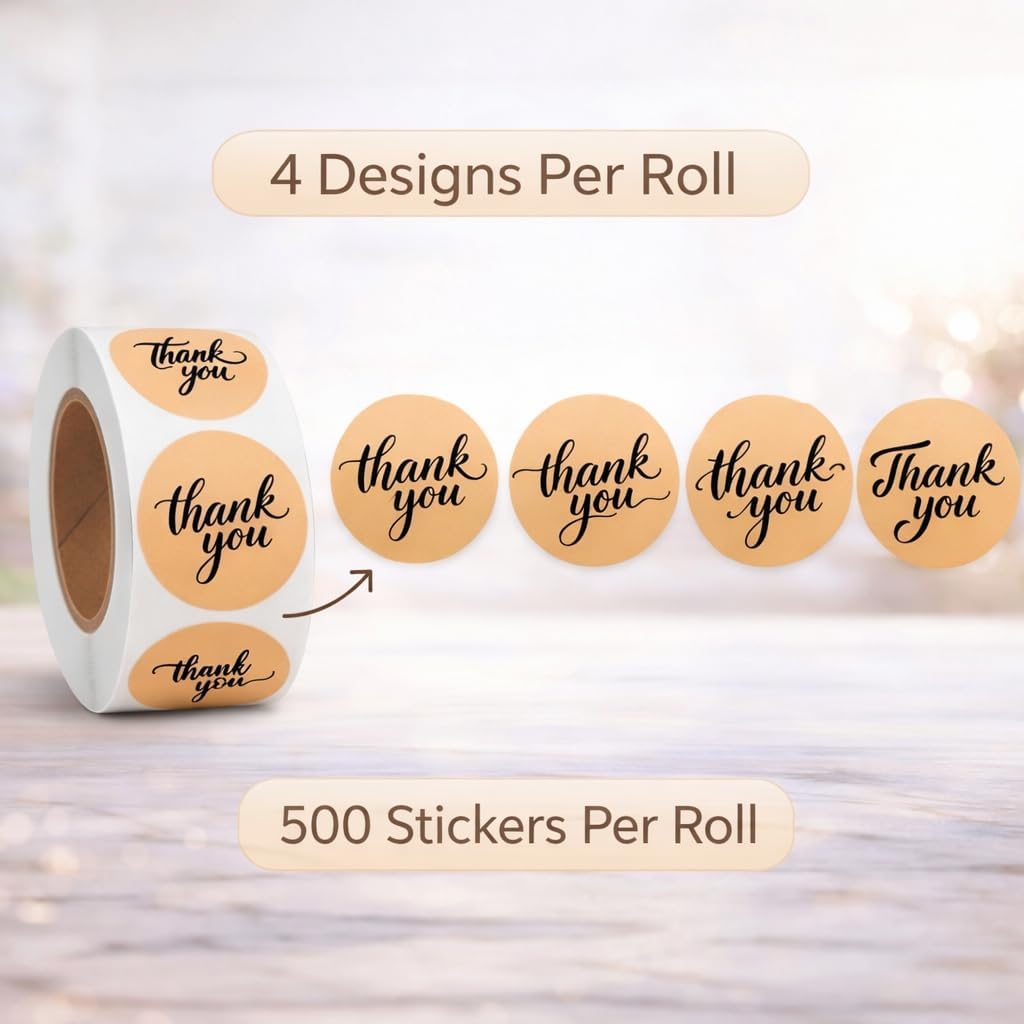 500 Thank You Stickers Roll – 1.5" Round Kraft Paper Labels with Black Script – Self-Adhesive Stickers for Small Business Packaging, Paper Bags, Gift Boxes & Envelopes - Image 2