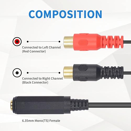 Miniatura 2 de Duttek Cable divisor adaptador RCA a 14, conector de audio estéreo TRS de 0.250 in 14 TRS hembra a 2 RCA hembra enchufe Y cable adaptador divisor