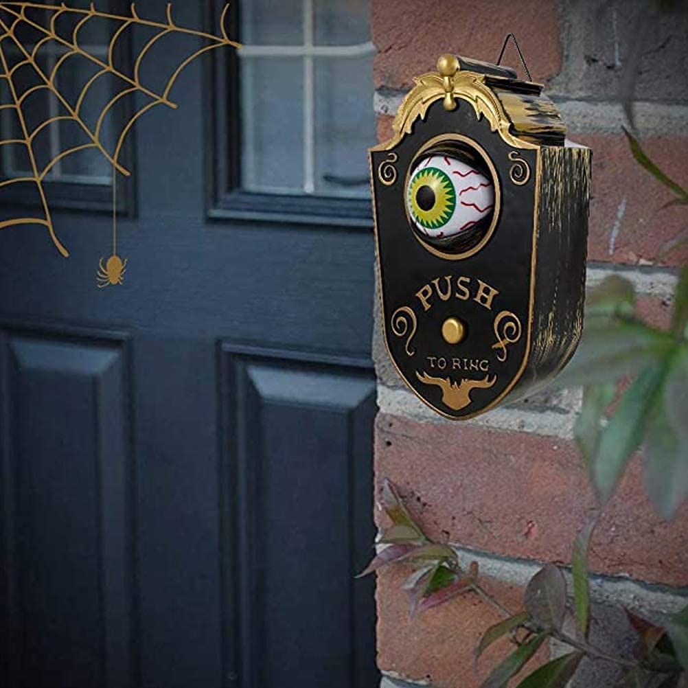 Dzwonek do drzwi, straszny dzwonek do drzwi, Halloween, animowana gałka oczna ze spooky dźwiękami, rekwizyt na Halloween