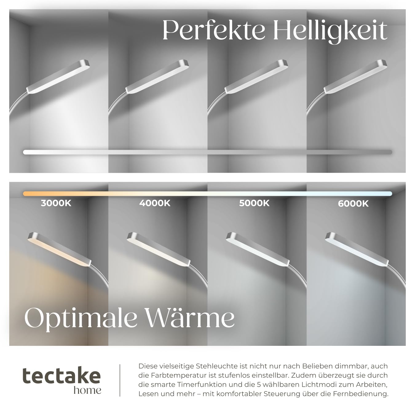 tectake® LED Stehlampe, Schwanenhals Lampe, Standleuchte dimmbar, modern, mit 5 Lichtmodi, Beleuchtung für Wohnzimmer, Kinderzimmer, Bett, als Leselampe oder Schreibtischlampe - silber
