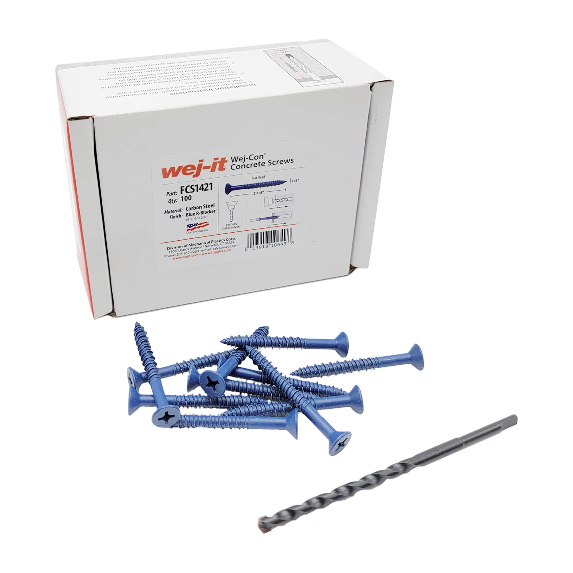 Wej-It Wej-Con Concrete Screws,1022 Heat Treated Carbon Steel, Blue R-Blocker Finish (1/4" x 2-1/4", Phillips Flat Head)