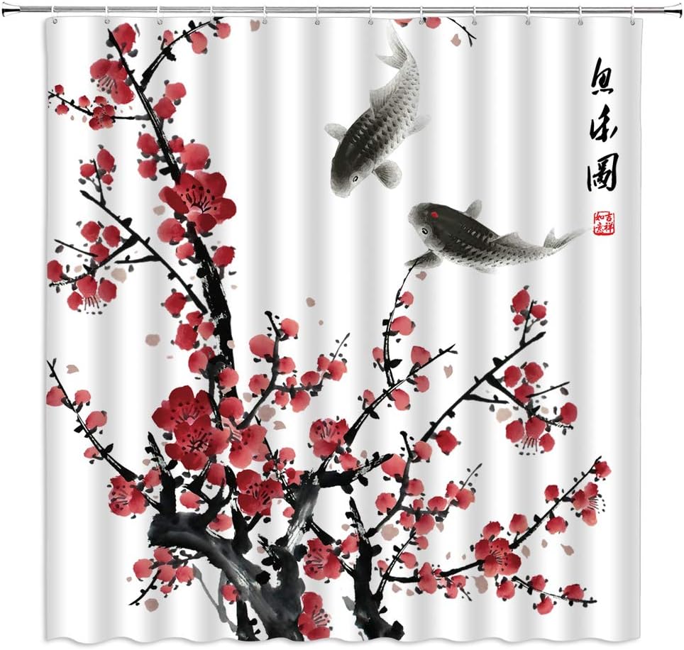 Japanese Cherry Blossoms Shower Curtain Asian Decor Chinese Oriental Fish Spring Tradition Red Flower Trees Branch Christmas New Year Winter Bathroom Polyester Fabric Hooks 118 X 70 Inch