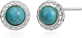 Tibetan Turquoise Earrings 925 Sterling Silver Post Stud Boho Gemstone Hypoallergenic Handmade Earrings for Women Trendy Fashion