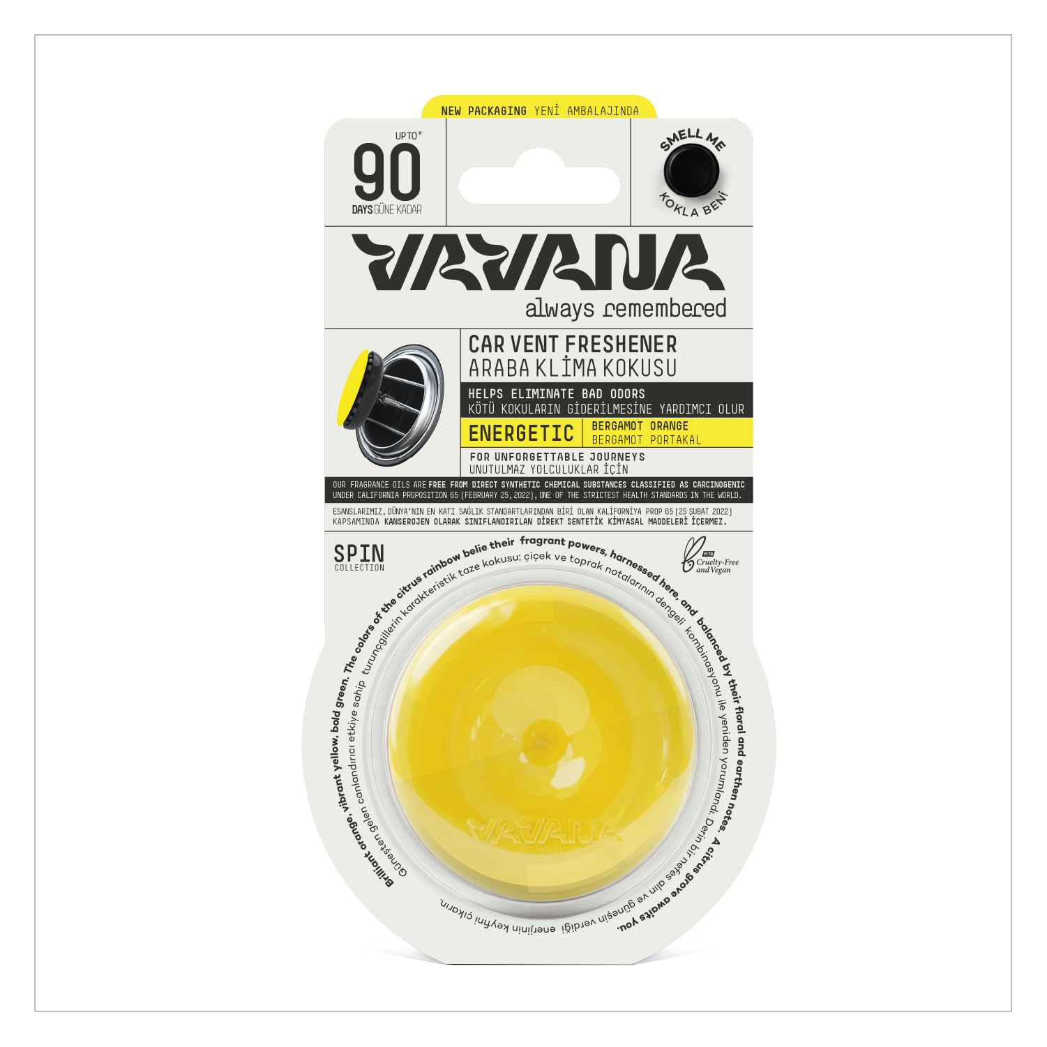 VAVANA Spin Araba Klima Kokusu - Profesyonel Otomobil Kokusu | BPA & Sıvı İçermez | 90 Gün Etkili | Araç Parfümü (ENERGETIC)