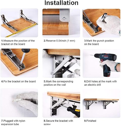 Miniatura 8 de Jolitac Soportes plegables de pintura negra de 10 pulgadas – Soporte de estante plegable de metal resistente para mesa de banco, bisagra de estante