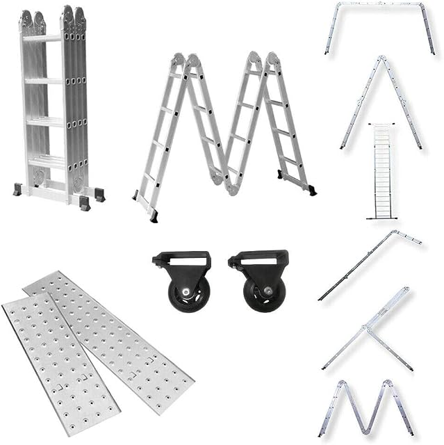 LZQ 4 x 4 Multi-Purpose Ladder 470 cm, 6-in-1 Aluminium Ladder, Folding Ladder, Household Ladder, Work Ladder, Platform, Multifunctional Ladder, Joint Ladder