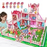 ALLROAD Dollhouse Dream House with 6 Dolls, Pink Doll House Playset Toy with Accessories and...