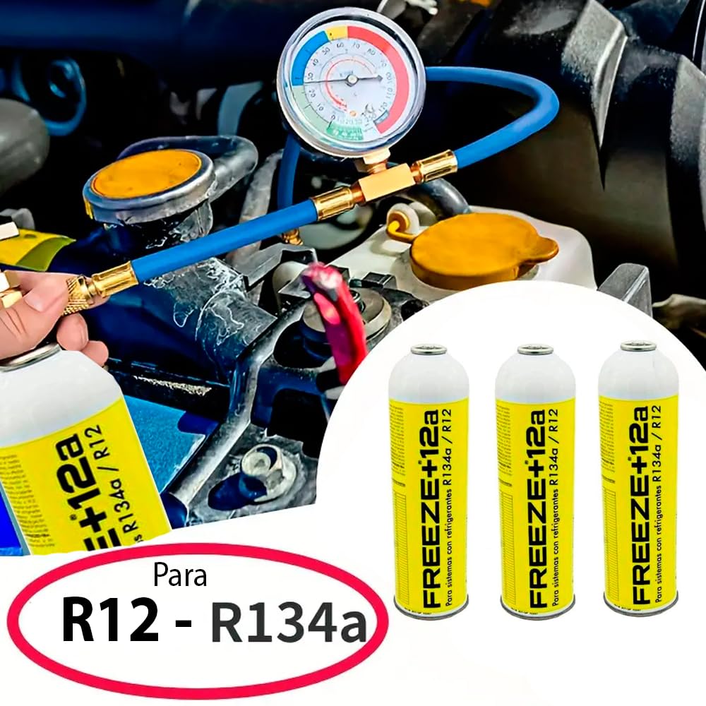 KIT Genérico Gas Orgánico R-134a / R12 (3 Botellas 1000ml + Manguera de Carga con manómetro con control de Carga para Aire Acondicionado Coche.